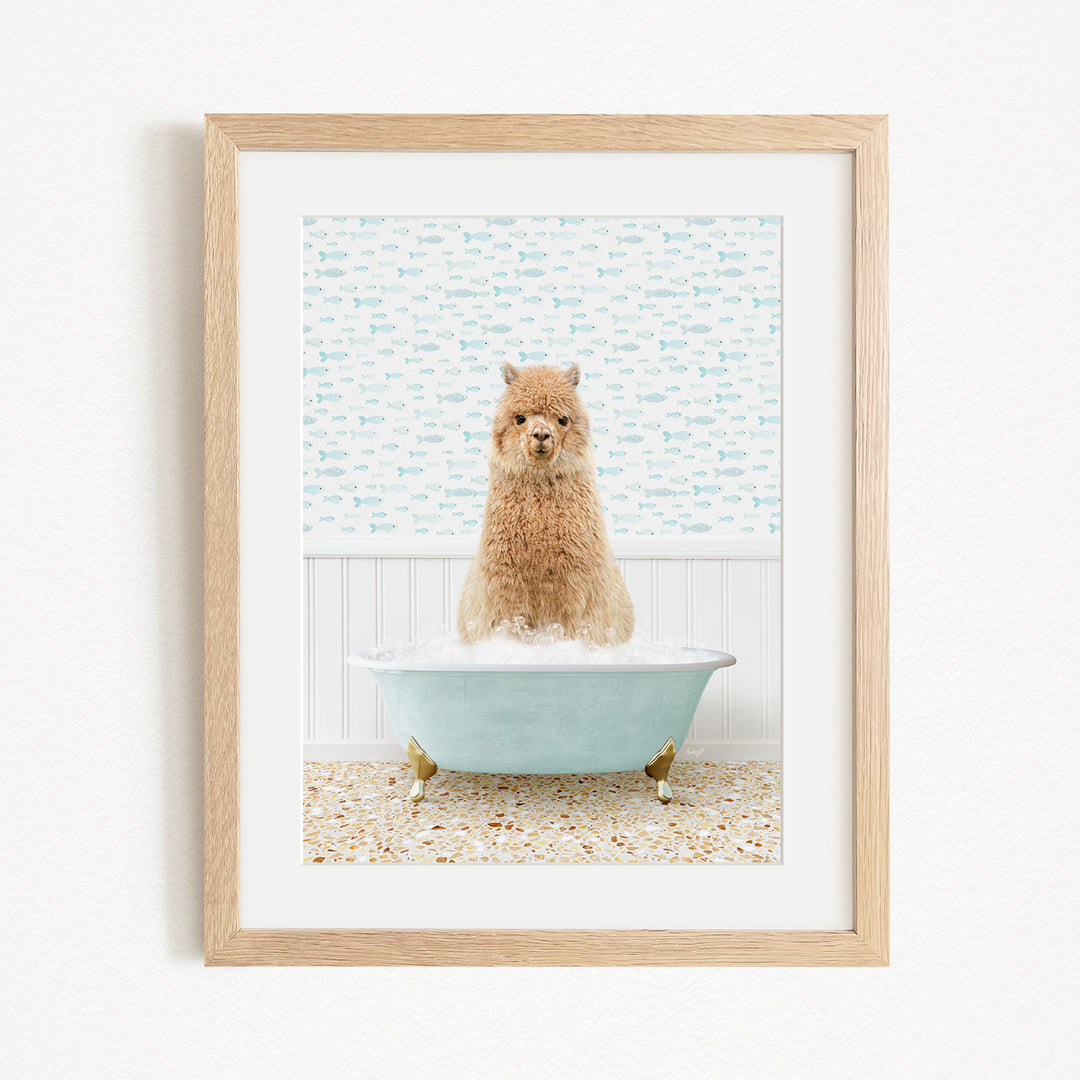 A small brown dog sitting in a light blue bathtub filled with bubbles, with a patterned wall behind it.