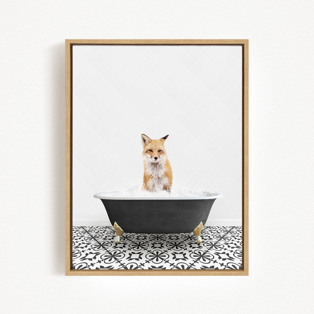 A fox is sitting in a bathtub filled with water, surrounded by a black and white patterned floor.
