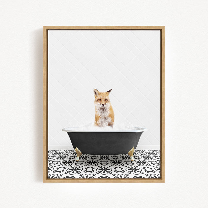 A fox is sitting in a bathtub filled with water, surrounded by a black and white patterned floor.