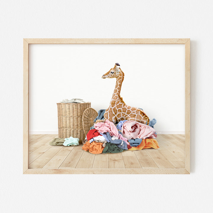 a giraffe sitting on top of a pile of clothes