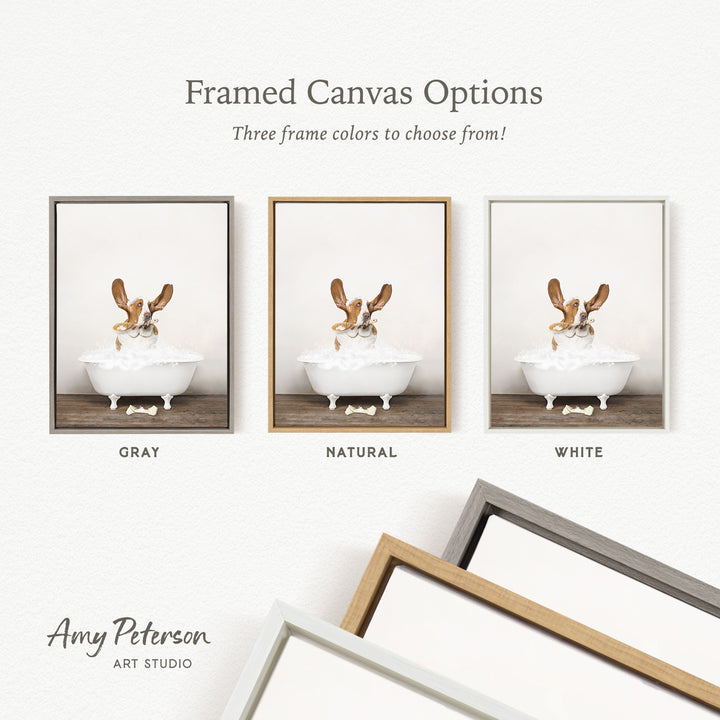 three framed canvas options, each featuring a dog sitting in a bathtub. The options include a gray frame, a natural frame, and a white frame. The text above the images reads " Framed Canvas Options" and "Three frame colors to choose from!".