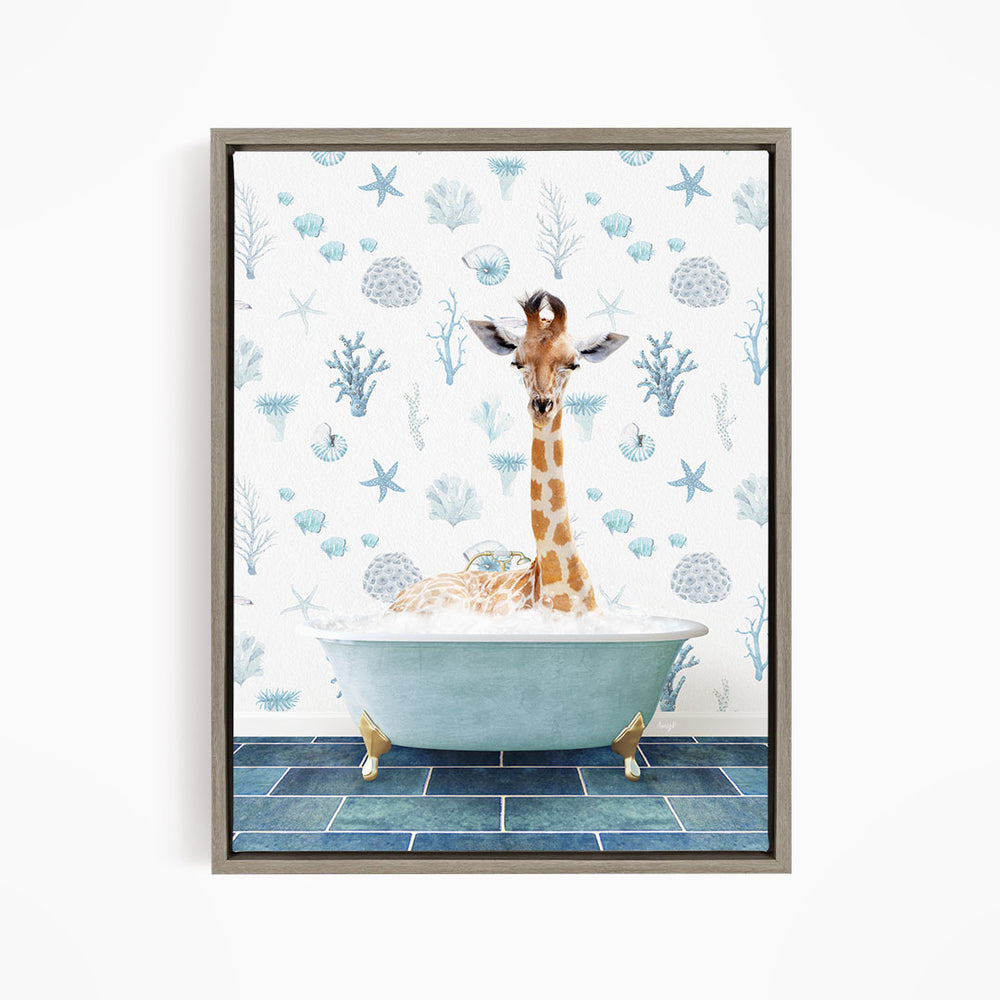 A giraffe is sitting in a blue bathtub filled with water, surrounded by a pattern of blue and white seashells and starfish.