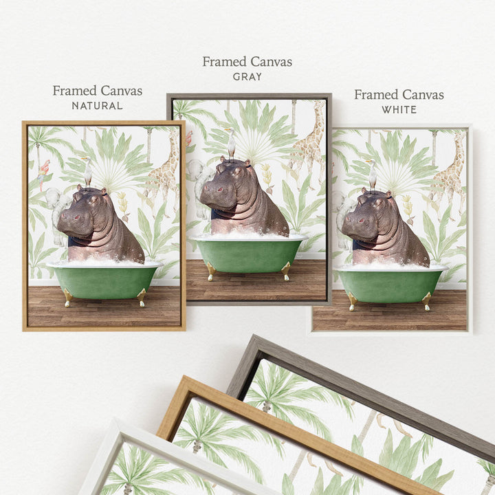 a framed canvas with a hippopotamus sitting in a green bathtub, surrounded by tropical foliage.