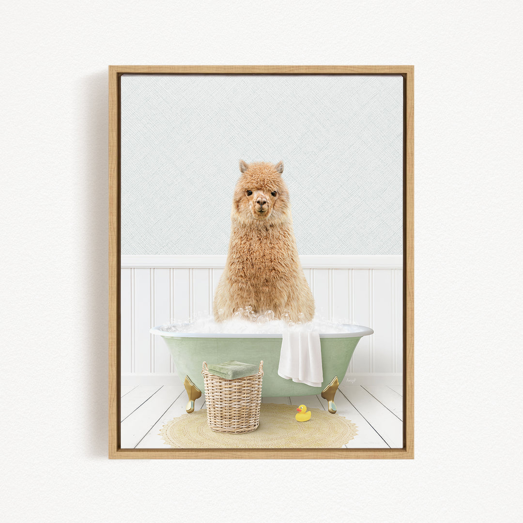 A fluffy brown dog sitting in a green bathtub filled with bubbles, surrounded by a basket of toys and a yellow rubber duck.