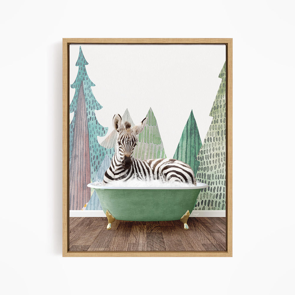 A zebra is sitting in a green bathtub, surrounded by a forest scene with trees and a snowy landscape.
