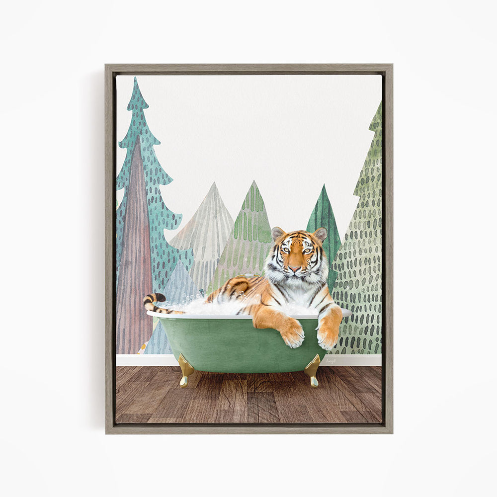 A tiger is sitting in a green bathtub, surrounded by a forest scene with trees and a misty atmosphere.
