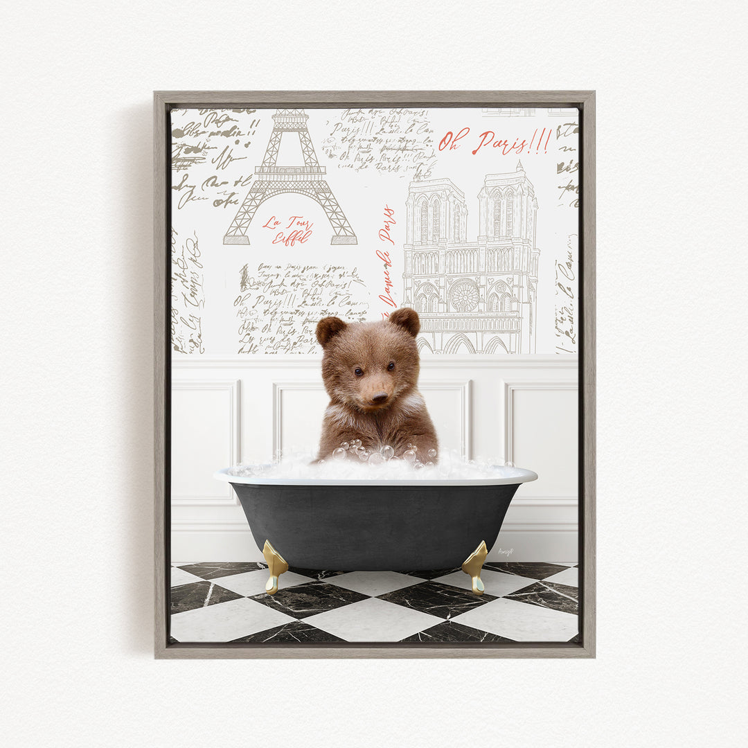 A teddy bear is sitting in a bathtub filled with water, surrounded by a checkered floor and a wall with the Eiffel Tower and other Parisian landmarks.