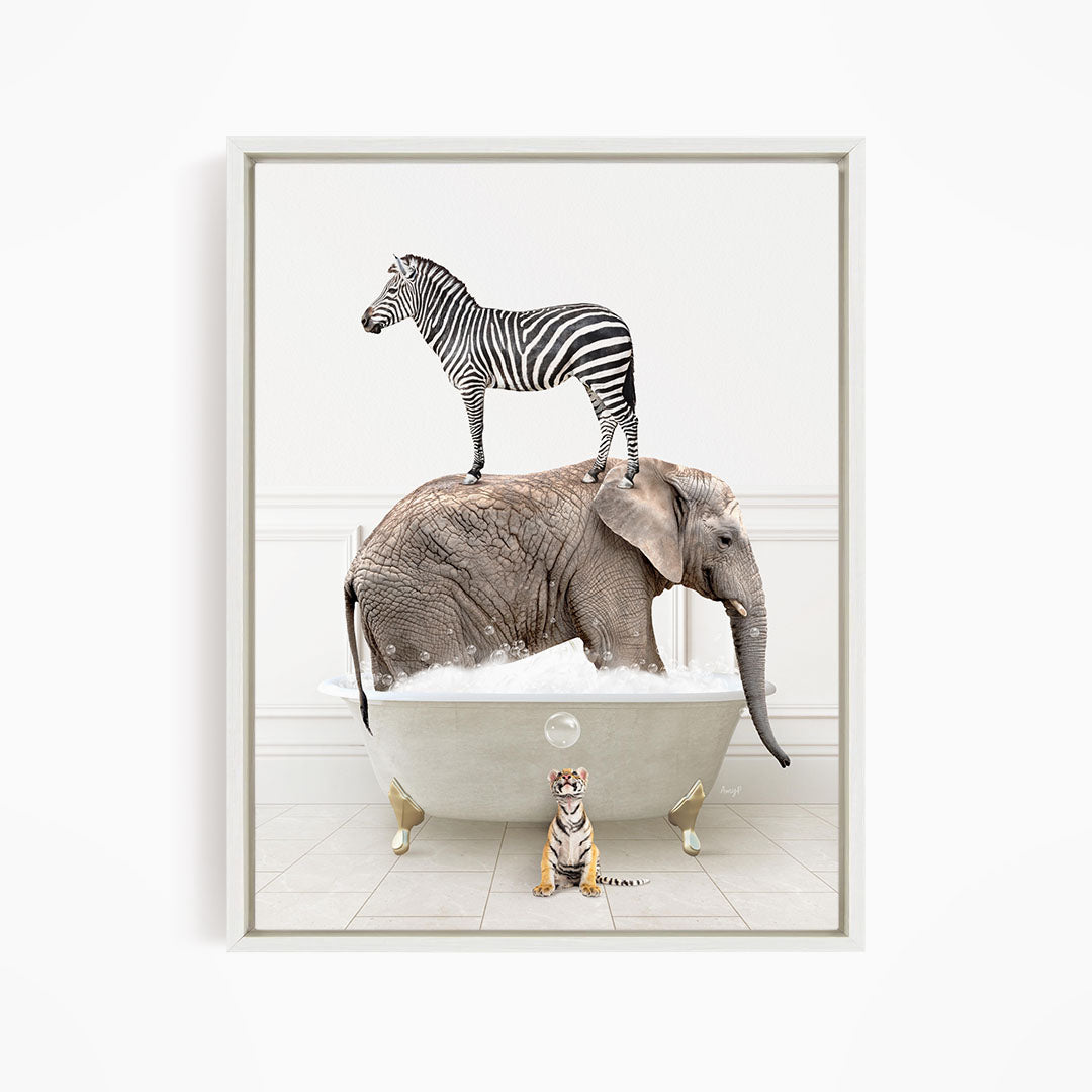 A zebra stands on the back of an elephant, which is submerged in a bathtub, with a small tiger sitting nearby.