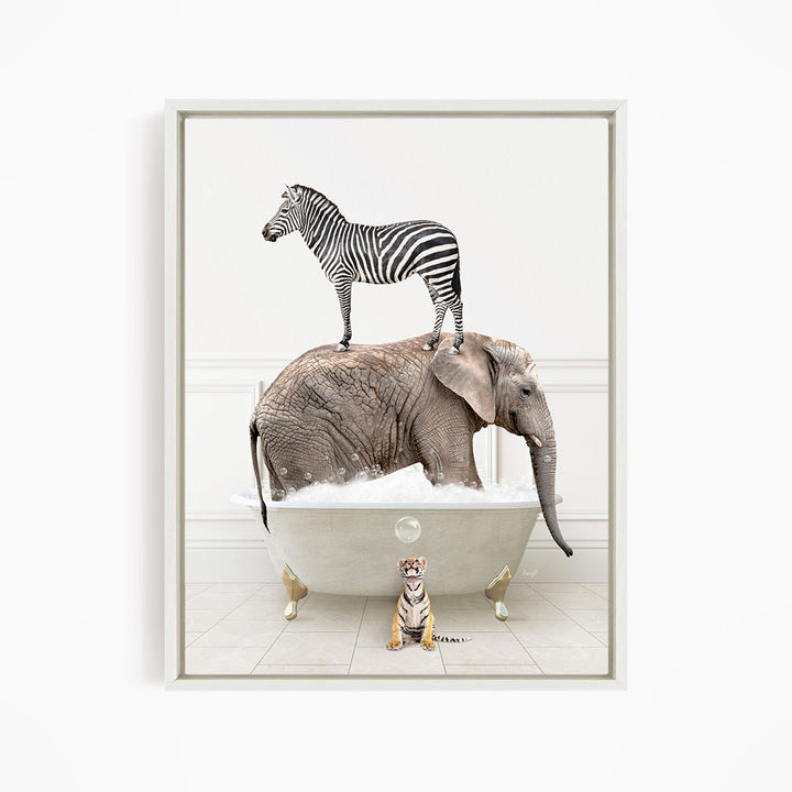 A zebra stands on the back of an elephant, which is submerged in a bathtub, with a small tiger sitting nearby.