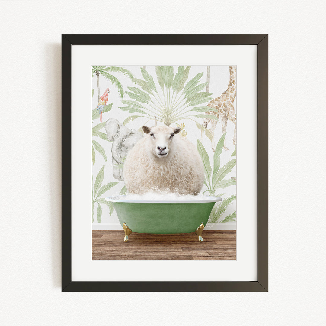 A framed image depicting a sheep sitting in a green bathtub, surrounded by a tropical wallpaper with various animals.