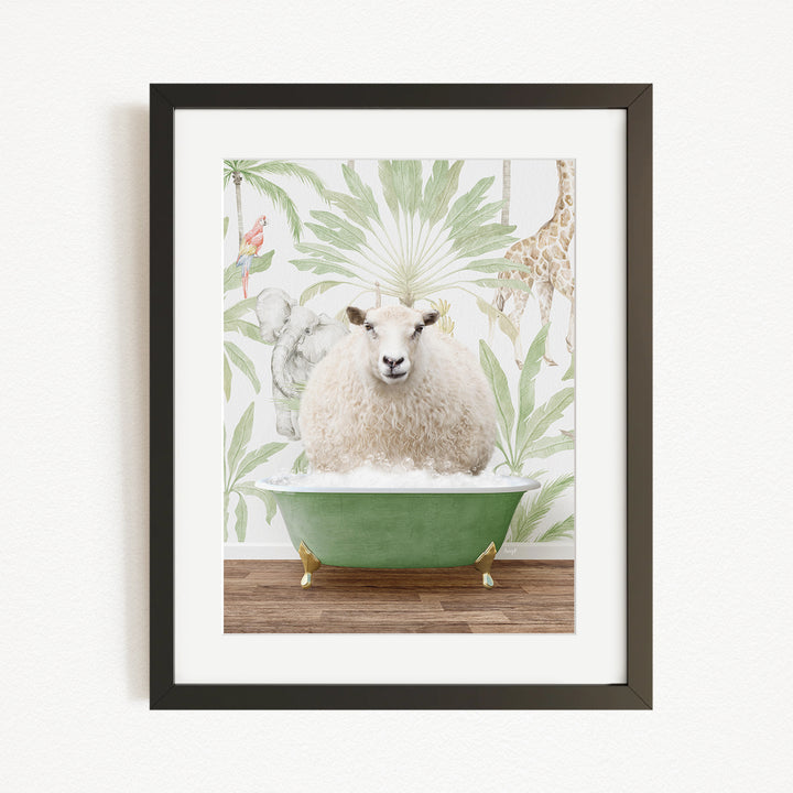 A framed image depicting a sheep sitting in a green bathtub, surrounded by a tropical wallpaper with various animals.