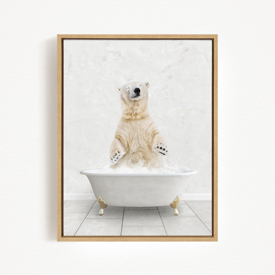 A polar bear sitting in a white bathtub filled with water, appearing to be enjoying a bath.