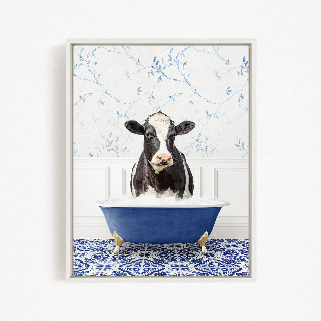 A black and white cow is standing in a blue bathtub filled with water, creating a whimsical and humorous scene.