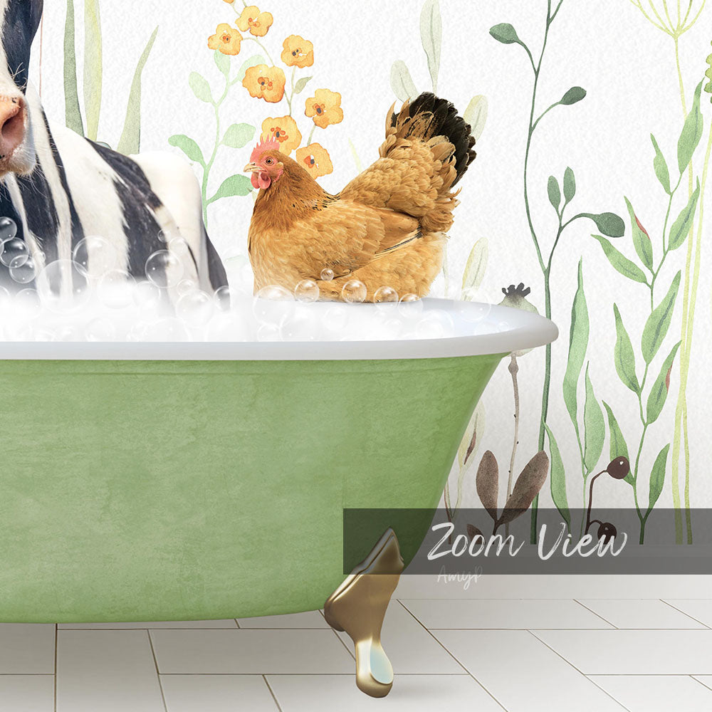 A chicken is sitting in a green bathtub filled with water, surrounded by a floral wallpaper.