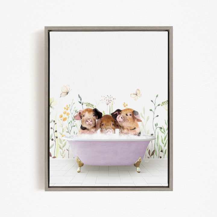 Three adorable pigs sitting in a purple bathtub, surrounded by flowers and butterflies.