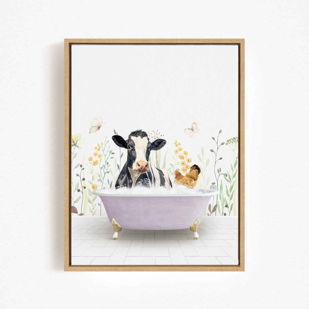 A cow is sitting in a bathtub filled with water, surrounded by flowers and butterflies, creating a whimsical and playful scene.