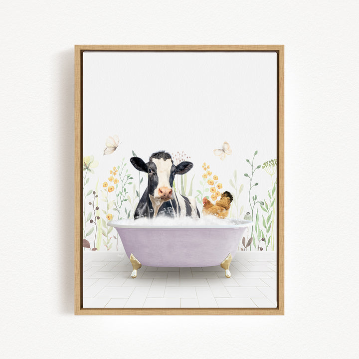 A cow is sitting in a bathtub filled with water, surrounded by flowers and butterflies, creating a whimsical and playful scene.