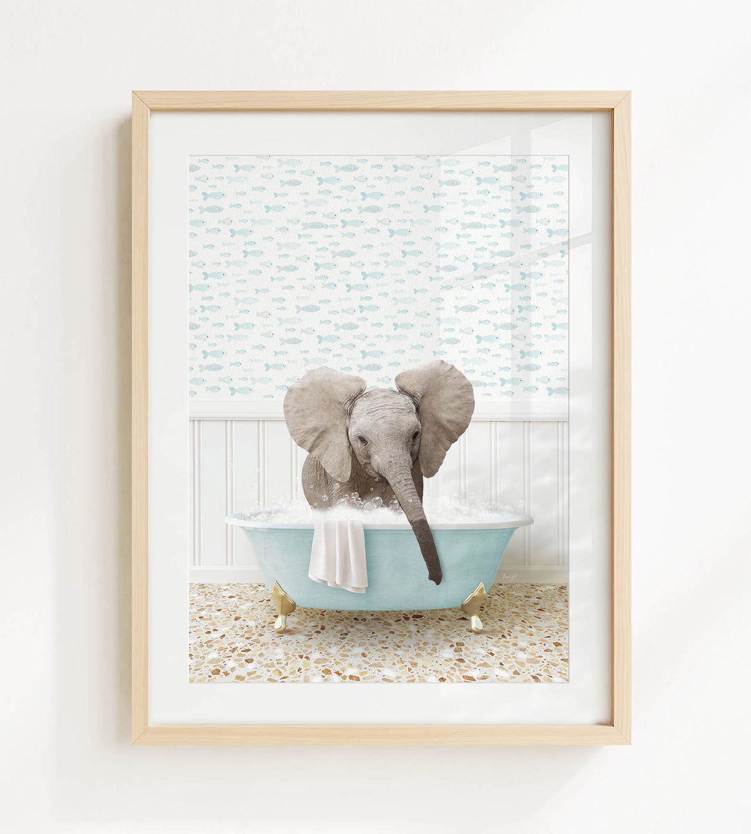 A baby elephant sitting in a blue bathtub filled with water, surrounded by a patterned wall and a tiled floor.