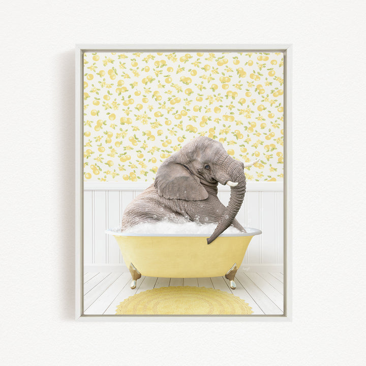 A gray elephant is sitting in a yellow bathtub filled with water, surrounded by a yellow floral pattern on the wall behind it.