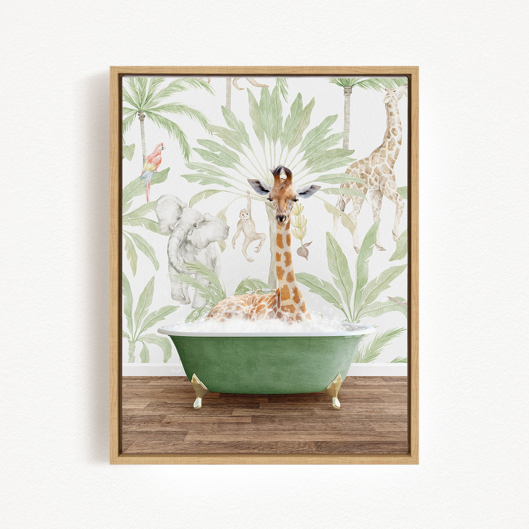 A giraffe sitting in a green bathtub surrounded by various animals, including elephants, parrots, and monkeys, against a backdrop of tropical foliage.