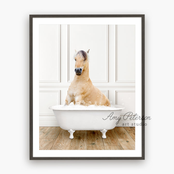 a horse sitting in a bathtub in a room