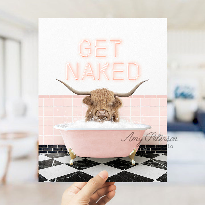 a person holding up a card with a picture of a bull in a bathtub