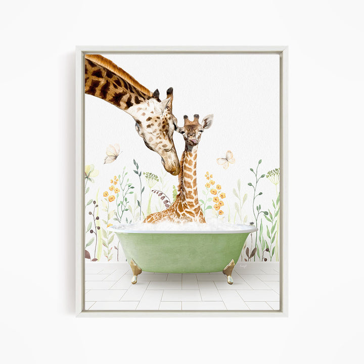 A mother giraffe and her baby giraffe are sitting together in a green bathtub, surrounded by flowers and butterflies.