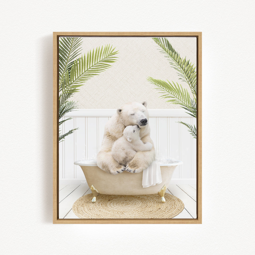 A polar bear is sitting in a bathtub, surrounded by palm leaves, creating a serene and whimsical scene.