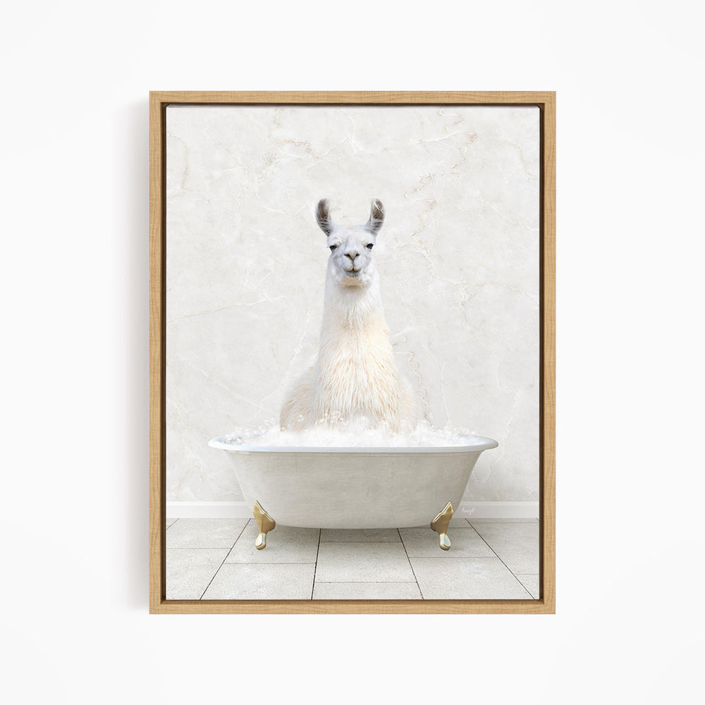 A white llama sitting in a white bathtub filled with bubbles, creating a whimsical and playful scene.