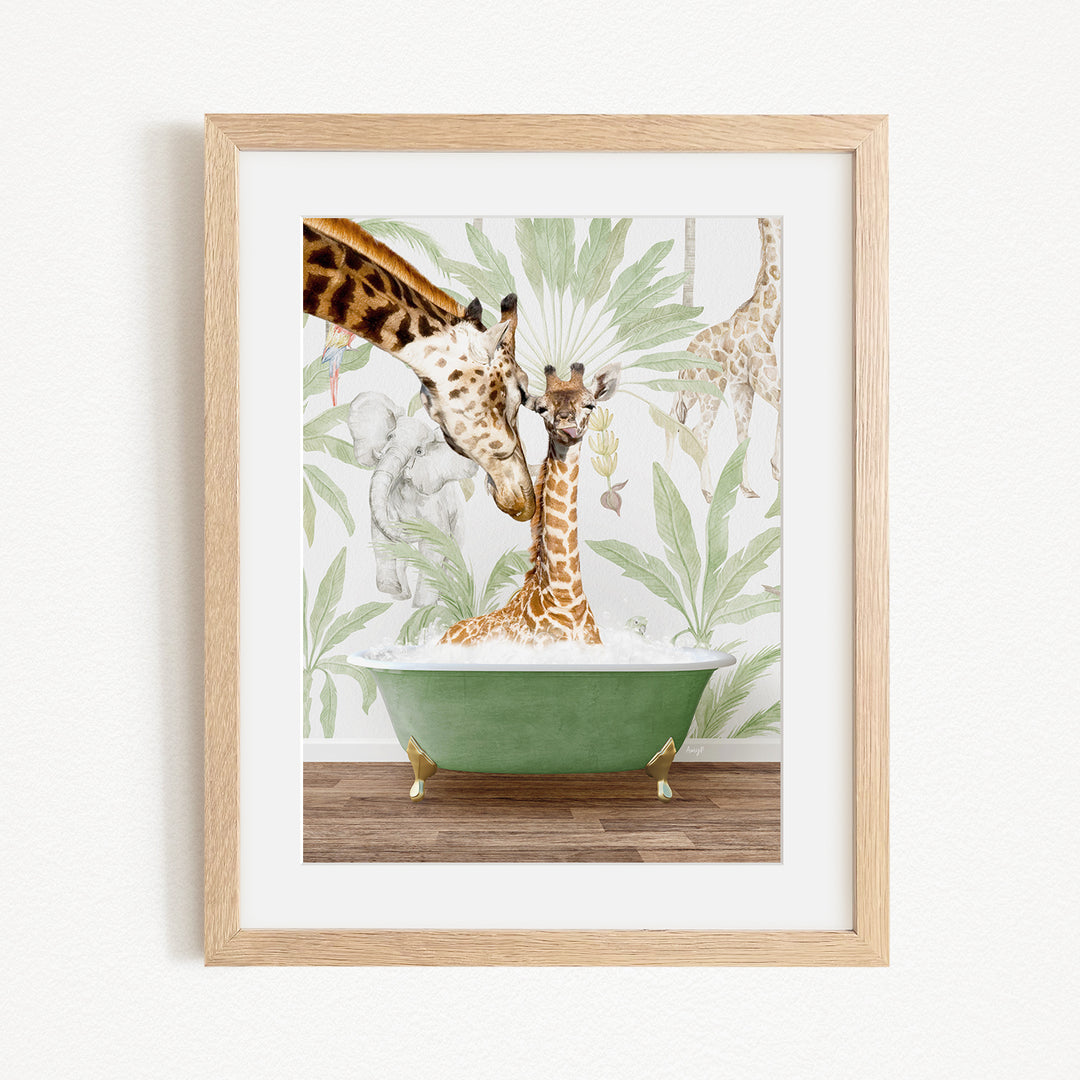 A framed illustration depicting a giraffe sitting in a green bathtub, surrounded by other giraffes and tropical foliage.
