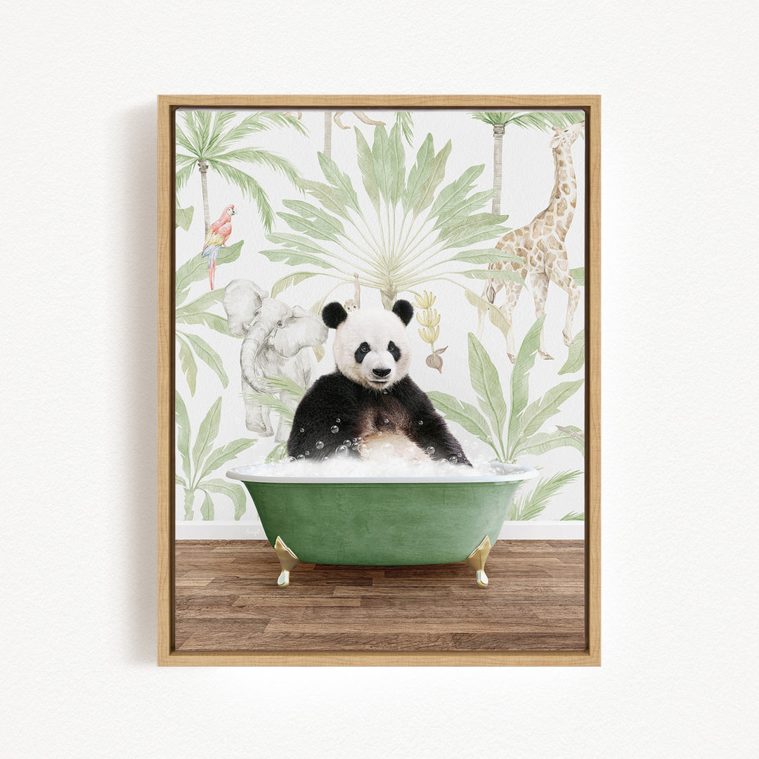 A panda bear sitting in a green bathtub, surrounded by a tropical jungle wallpaper.