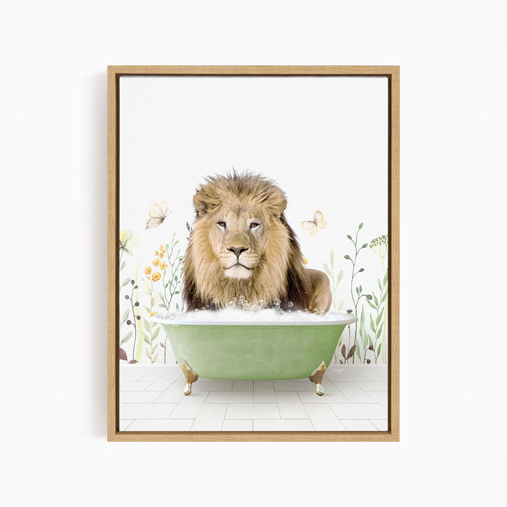 A lion is sitting in a green bathtub filled with water, surrounded by flowers and butterflies.