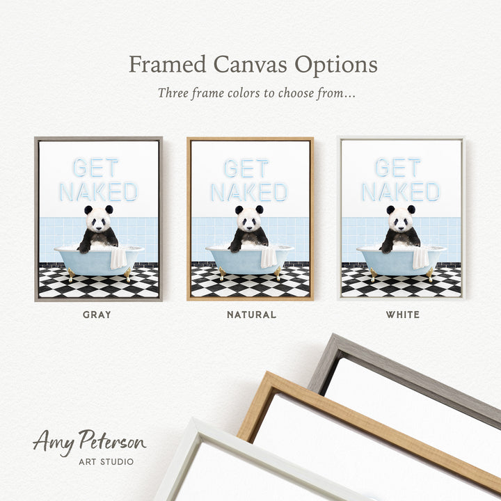 three framed canvas options featuring a panda bear in a bathtub, with each option having a different frame color.