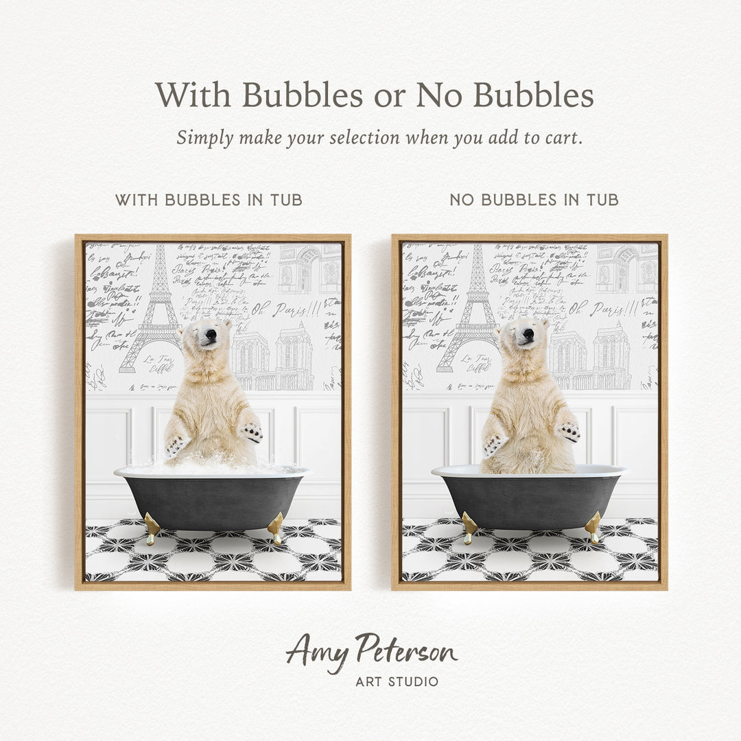The image is a collage of two pictures featuring a polar bear sitting in a bathtub. The polar bear is sitting on a black bathtub with gold legs, and the background has a patterned tile design. The text above the images reads "With Bubbles or No Bubbles Simply make your selection when you add to cart." The text below the images reads "WITH BUBBLES IN TUB" and "NO BUBBLES IN TUB," indicating the presence or absence of bubbles in the bathtub.