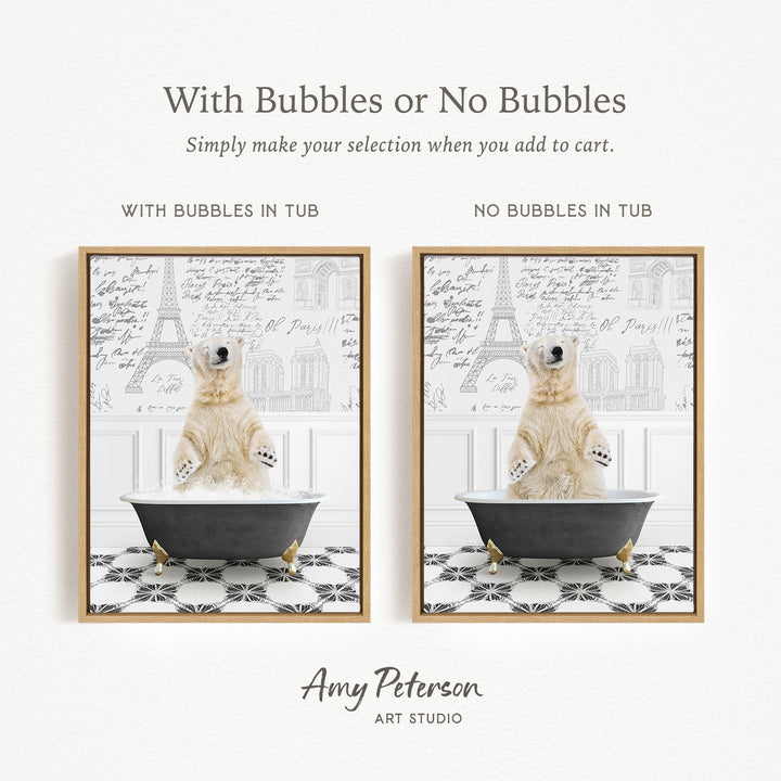 The image is a collage of two pictures featuring a polar bear sitting in a bathtub. The polar bear is sitting on a black bathtub with gold legs, and the background has a patterned tile design. The text above the images reads "With Bubbles or No Bubbles Simply make your selection when you add to cart." The text below the images reads "WITH BUBBLES IN TUB" and "NO BUBBLES IN TUB," indicating the presence or absence of bubbles in the bathtub.