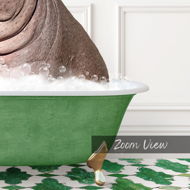 A green bathtub filled with bubbles, with a gold bathtub stopper visible.