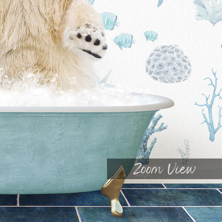 A fluffy white dog is sitting in a blue bathtub filled with bubbles, with a coral and starfish design on the wall behind it.
