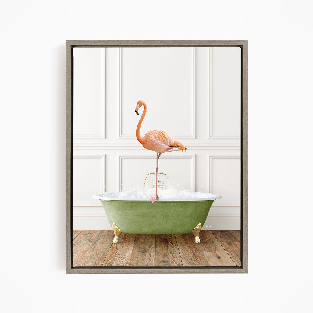 A pink flamingo standing on the edge of a green bathtub filled with water, against a white wall with paneling.