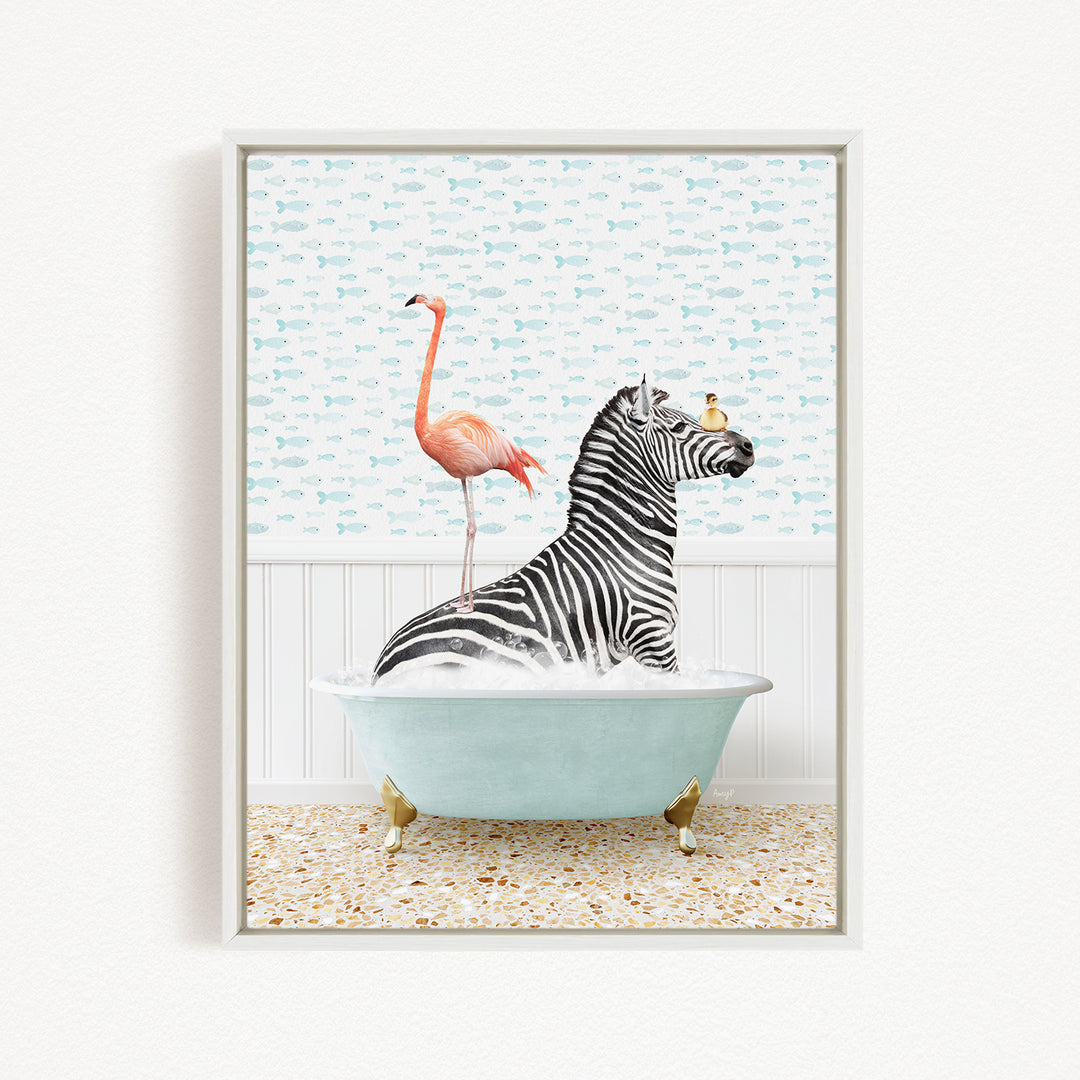 A zebra is sitting in a bathtub filled with water, with a pink flamingo standing on its back legs and a yellow bird perched on its head.