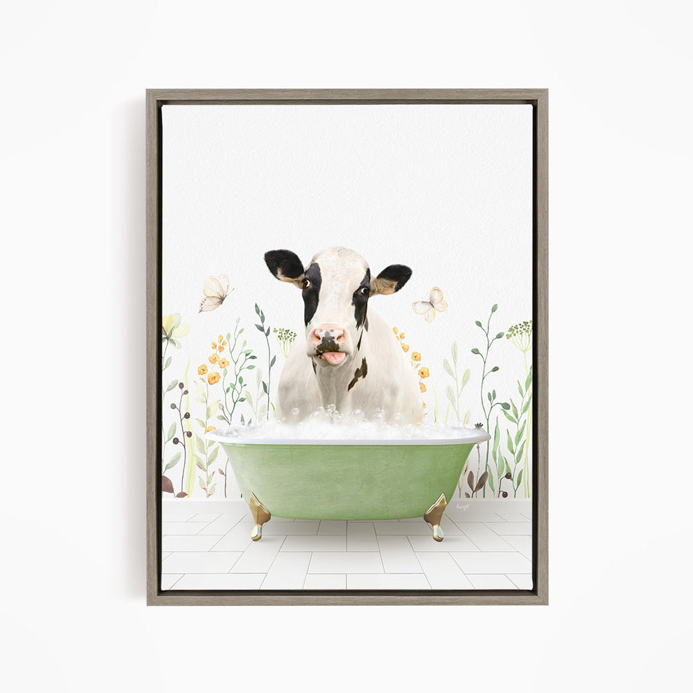 A cow is sitting in a green bathtub filled with water, surrounded by flowers and butterflies.