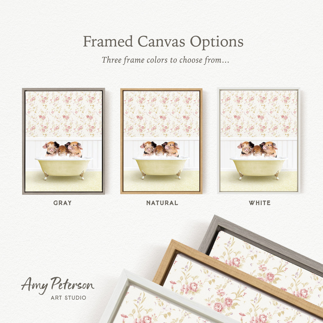 The image is a framed canvas option showcasing three different frame colors: gray, natural, and white. The canvas features a scene of three puppies sitting in a bathtub, with each frame displaying a different color.