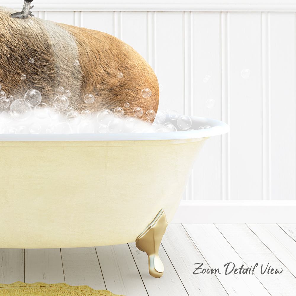 A dog is sitting in a bathtub filled with bubbles, enjoying a relaxing bath.