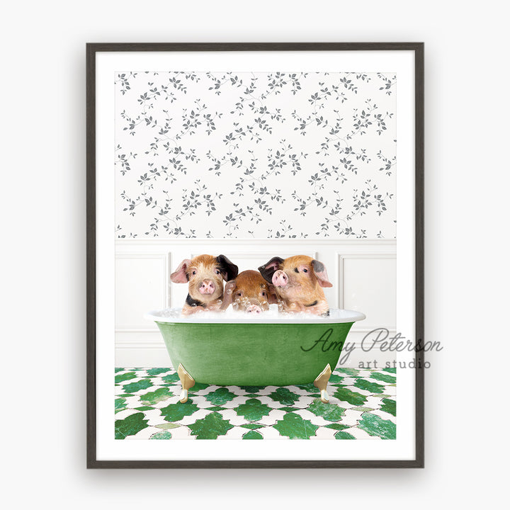 three puppies sitting in a green bath tub