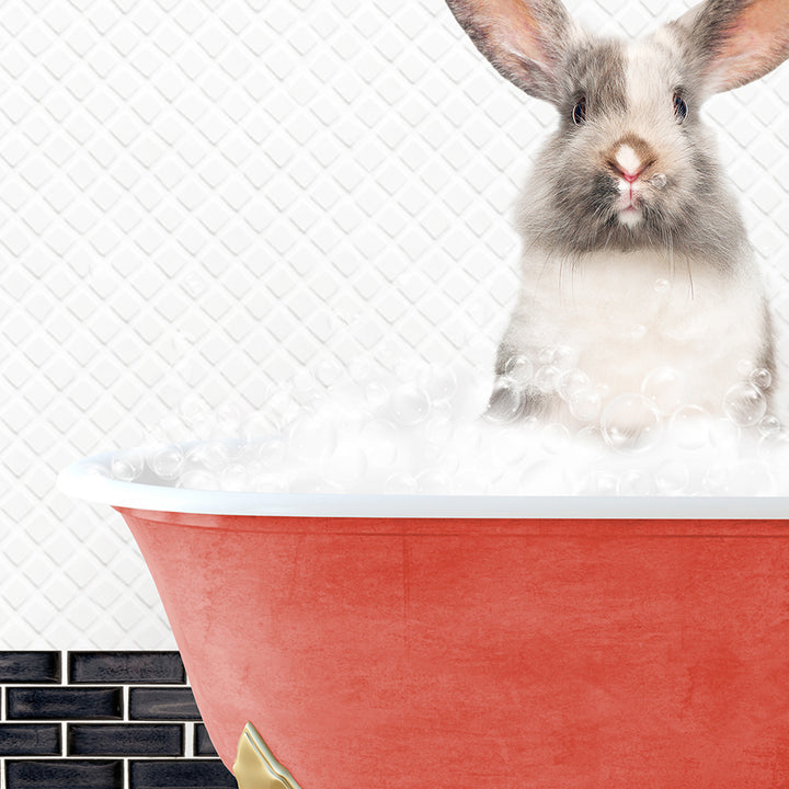 a rabbit is sitting in a bathtub with foam