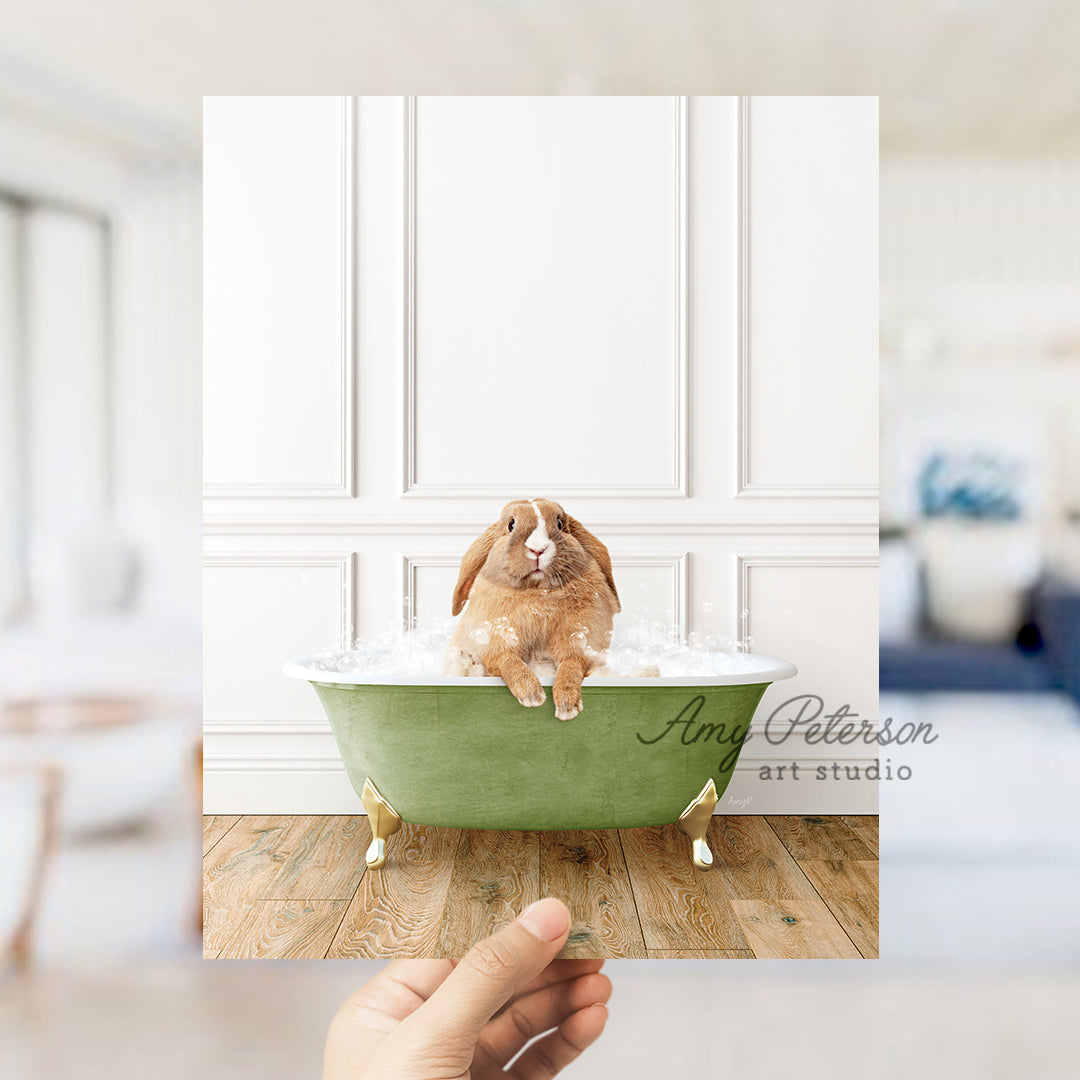 a rabbit sitting in a green bath tub