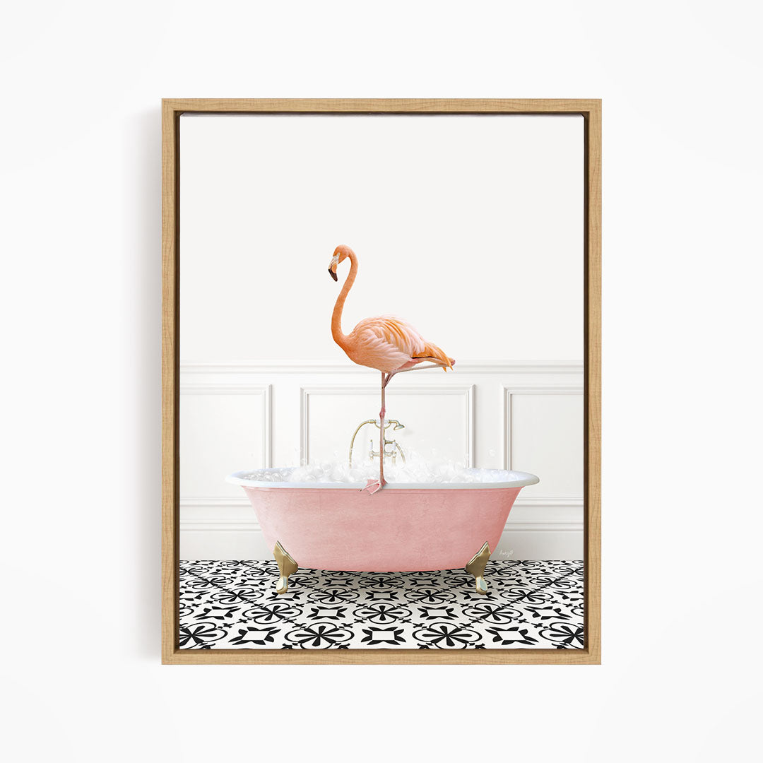 A pink flamingo standing on the edge of a pink bathtub filled with water, set against a white wall with a black and white patterned floor.