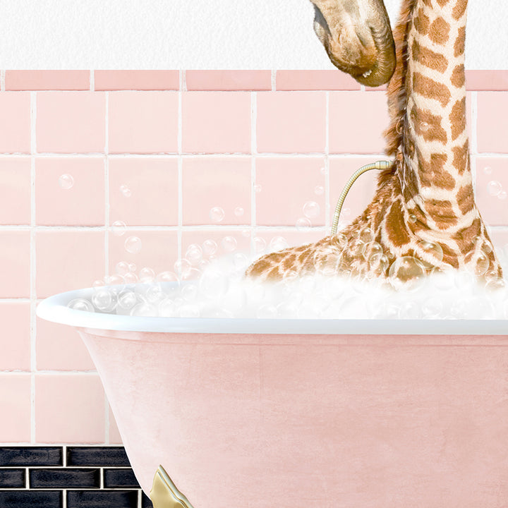 a giraffe in a bathtub with bubbles coming out of it