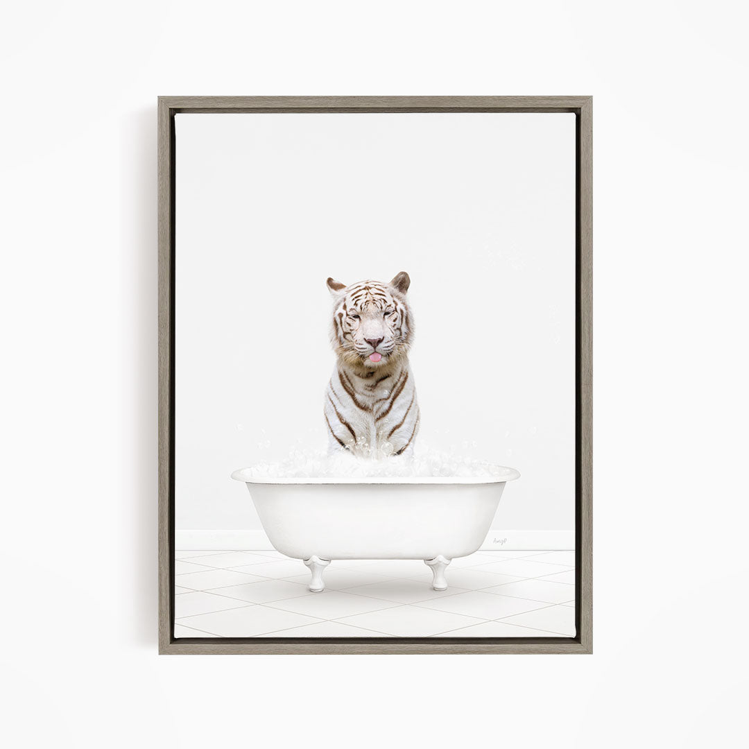 A white tiger sitting in a white bathtub filled with water.
