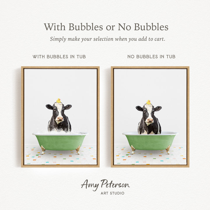 The image is a collage of two framed pictures, each depicting a cow sitting in a bathtub. The cow in the left picture has bubbles in the tub, while the cow in the right picture does not have bubbles. The collage is titled "With Bubbles or No Bubbles" and is created by Amy Peterson from Art Studio.