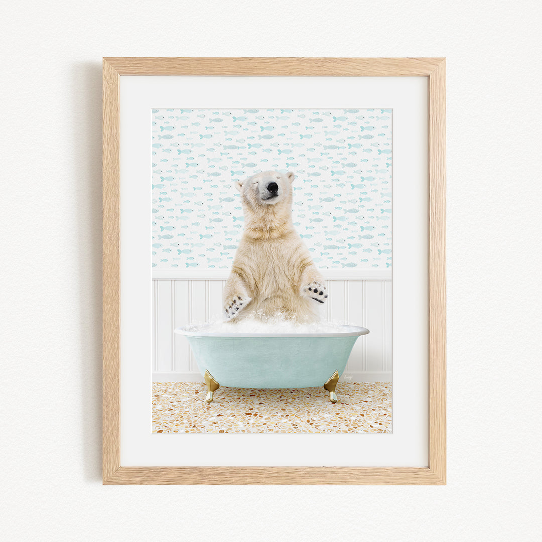 A polar bear sitting in a bathtub filled with water, surrounded by a patterned wall.